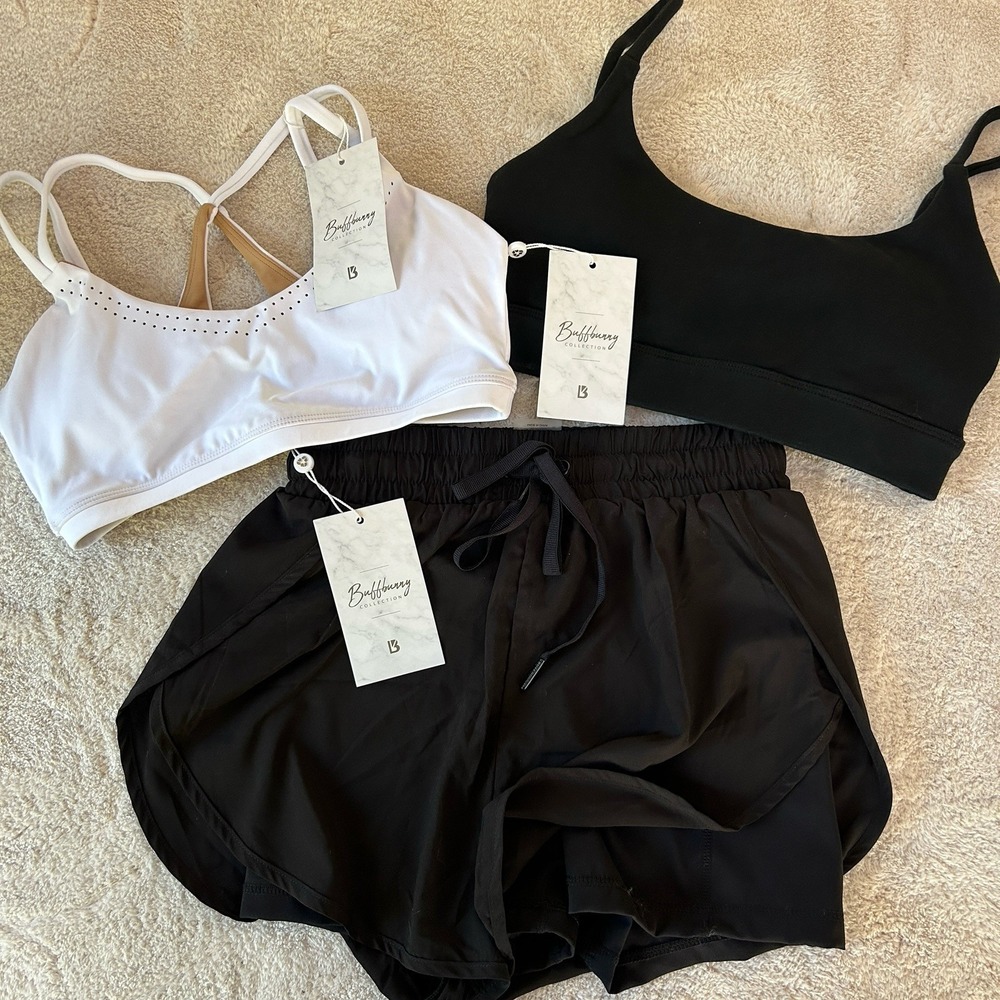 BUFFBUNNY Shorts & 2 Bras Bundle/Set Women's Size XS/S Black & White New W/ Tags